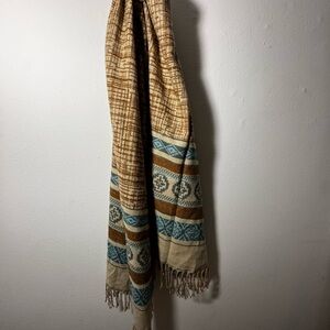 Patterned Tan and Blue Scarf